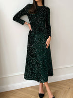 Load image into Gallery viewer, Women's Sequin Maxi Dress Round Neck Long Sleeve Flowing Sparkle Autumn Wedding Guest Style