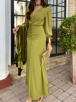 Load image into Gallery viewer, Women's Maxi Dress V Neck Long Sleeve Ruched High Low Fall Wedding Guest Style