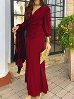 Load image into Gallery viewer, Women's Maxi Dress V Neck Long Sleeve Ruched High Low Fall Wedding Guest Style