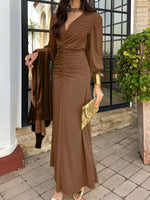 Load image into Gallery viewer, Women's Maxi Dress V Neck Long Sleeve Ruched High Low Fall Wedding Guest Style