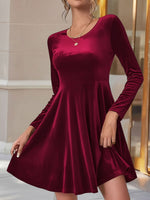 Load image into Gallery viewer, Women's Velvet Mini Dress Round Neck Long Sleeve Flared a Line Autumn Wedding Guest Style