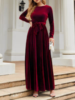 Load image into Gallery viewer, Elegant Velvet Maxi Dress for Women with Round Neck Long Sleeve Belted Flowing Autumn Wedding Guest Style