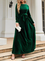 Load image into Gallery viewer, Elegant Velvet Maxi Dress for Women with Round Neck Long Sleeve Belted Flowing Autumn Wedding Guest Style