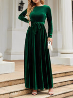 Load image into Gallery viewer, Elegant Velvet Maxi Dress for Women with Round Neck Long Sleeve Belted Flowing Autumn Wedding Guest Style