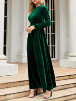 Load image into Gallery viewer, Elegant Velvet Maxi Dress for Women with Round Neck Long Sleeve Belted Flowing Autumn Wedding Guest Style