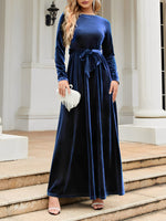 Load image into Gallery viewer, Elegant Velvet Maxi Dress for Women with Round Neck Long Sleeve Belted Flowing Autumn Wedding Guest Style