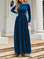 Load image into Gallery viewer, Elegant Velvet Maxi Dress for Women with Round Neck Long Sleeve Belted Flowing Autumn Wedding Guest Style
