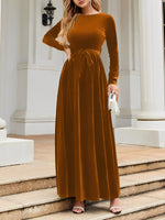 Load image into Gallery viewer, Elegant Velvet Maxi Dress for Women with Round Neck Long Sleeve Belted Flowing Autumn Wedding Guest Style