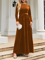 Load image into Gallery viewer, Elegant Velvet Maxi Dress for Women with Round Neck Long Sleeve Belted Flowing Autumn Wedding Guest Style