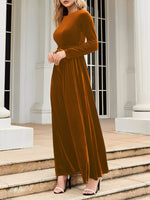 Load image into Gallery viewer, Elegant Velvet Maxi Dress for Women with Round Neck Long Sleeve Belted Flowing Autumn Wedding Guest Style
