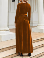 Load image into Gallery viewer, Elegant Velvet Maxi Dress for Women with Round Neck Long Sleeve Belted Flowing Autumn Wedding Guest Style