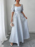 Load image into Gallery viewer, Women's Grey Blue a Line Wedding Dress Square Neck Puff Sleeve
