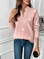 Load image into Gallery viewer, Women's Heart Print Sweater V Neck Scalloped Trim Long Sleeve