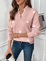 Load image into Gallery viewer, Women's Heart Print Sweater V Neck Scalloped Trim Long Sleeve