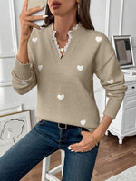 Load image into Gallery viewer, Women's Heart Print Sweater V Neck Scalloped Trim Long Sleeve