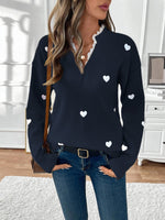 Load image into Gallery viewer, Women's Heart Print Sweater V Neck Scalloped Trim Long Sleeve