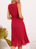 Load image into Gallery viewer, Women's Red Midi Dress Boat Neck Sleeveless Ruffle Hem Asymmetric Style