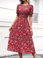 Load image into Gallery viewer, Women's Red Floral Dress Puff Sleeve High Low Flowy Midi Style