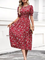 Load image into Gallery viewer, Women's Red Floral Dress Puff Sleeve High Low Flowy Midi Style