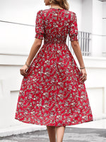 Load image into Gallery viewer, Women's Red Floral Dress Puff Sleeve High Low Flowy Midi Style