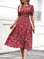 Load image into Gallery viewer, Women's Red Floral Dress Puff Sleeve High Low Flowy Midi Style