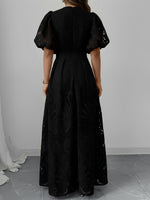 Load image into Gallery viewer, Women's Black Tie Dress Lace V Neck Puff Sleeve Maxi