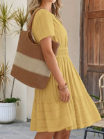 Load image into Gallery viewer, Effortless Yellow Midi Dress for Women with Notch Neck Smocked Waist Tiered Skirt