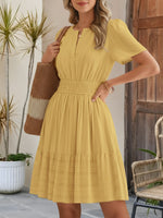 Load image into Gallery viewer, Effortless Yellow Midi Dress for Women with Notch Neck Smocked Waist Tiered Skirt