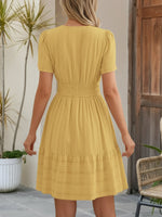 Load image into Gallery viewer, Effortless Yellow Midi Dress for Women with Notch Neck Smocked Waist Tiered Skirt