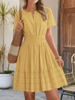 Load image into Gallery viewer, Effortless Yellow Midi Dress for Women with Notch Neck Smocked Waist Tiered Skirt