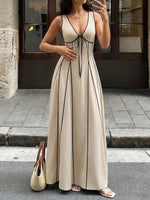 Load image into Gallery viewer, Women's Khaki a Line Wedding Dress V Neck Tie Front Linen