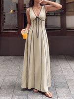 Load image into Gallery viewer, Women's Khaki a Line Wedding Dress V Neck Tie Front Linen