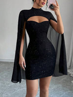Load image into Gallery viewer, Women's Sequin Birthday Dress Cutout High Neck Cape Sleeve