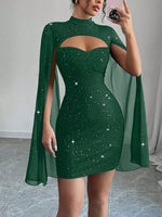 Load image into Gallery viewer, Women's Sequin Birthday Dress Cutout High Neck Cape Sleeve