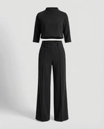 Load image into Gallery viewer, Stylish Two Piece Set for Women with Crop Top Elbow Sleeve High Waist Wide Leg Pants Casual Elegant Style