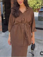 Load image into Gallery viewer, Women's Long Sleeve Shirt and Skirt Set Drawstring Waist