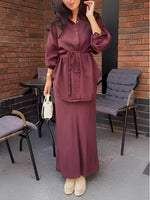 Load image into Gallery viewer, Women's Long Sleeve Shirt and Skirt Set Drawstring Waist