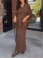 Load image into Gallery viewer, Women's Long Sleeve Shirt and Skirt Set Drawstring Waist