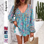 Load image into Gallery viewer, Women's Boho Blouses V-Neckline Tassel Drawstring Tunic Style