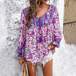 Load image into Gallery viewer, Women's Boho Blouses V-Neckline Tassel Drawstring Tunic Style