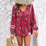 Load image into Gallery viewer, Women's Boho Blouses V-Neckline Tassel Drawstring Tunic Style