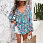 Load image into Gallery viewer, Women's Boho Blouses V-Neckline Tassel Drawstring Tunic Style