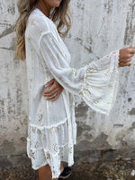 Load image into Gallery viewer, Women's Lace Mini Dress V Neck Bell Sleeve Tiered Ruffle Hem