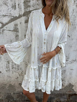 Load image into Gallery viewer, Women's Lace Mini Dress V Neck Bell Sleeve Tiered Ruffle Hem