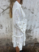 Load image into Gallery viewer, Women's Lace Mini Dress V Neck Bell Sleeve Tiered Ruffle Hem
