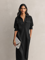 Load image into Gallery viewer, Women's Black Cotton Linen Shirt Dress Collar Elbow Sleeve Relaxed Midi Style
