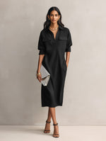 Load image into Gallery viewer, Women's Black Cotton Linen Shirt Dress Collar Elbow Sleeve Relaxed Midi Style