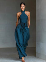 Load image into Gallery viewer, Women's Navy Blue Jumpsuit Halter Neck Sleeveless Wide Leg Relaxed Formal Style