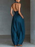 Load image into Gallery viewer, Women's Navy Blue Jumpsuit Halter Neck Sleeveless Wide Leg Relaxed Formal Style