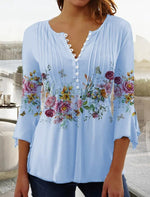 Load image into Gallery viewer, Women's Floral Blouses Long Sleeve Henley Button Placket Relaxed Fit